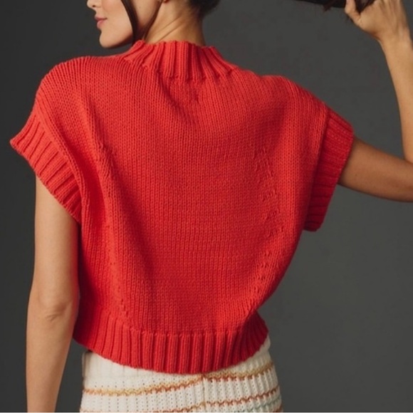 🎉❤️Anthropologie Maeve Pippa Mock Neck Sweater, Women’s Size SM, Coral/Cream - Picture 2 of 6